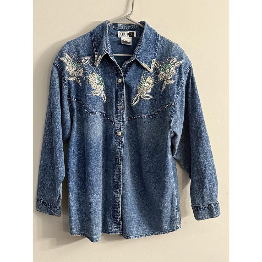 Vintage Club Z Acid Wash‎ Denim Shirt 80s With Bedazzled Applique Detail